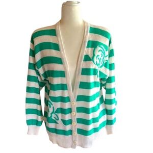 Vintage Lucia Green Striped Embroidered Knit Cardigan Sweater Size M